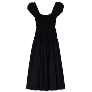 Doen Katherina Cotton Poplin Smocked Ruched Short Puff Sleeve Maxi Dress Black